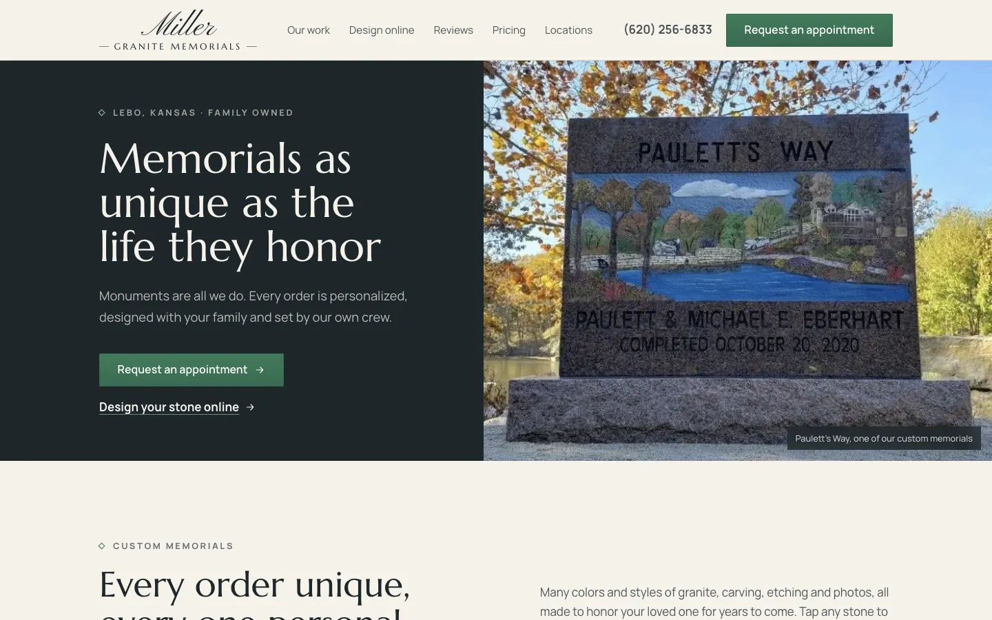 Miller Granite Memorials website draft in slate and green: 'Memorials as unique as the life they honor'.