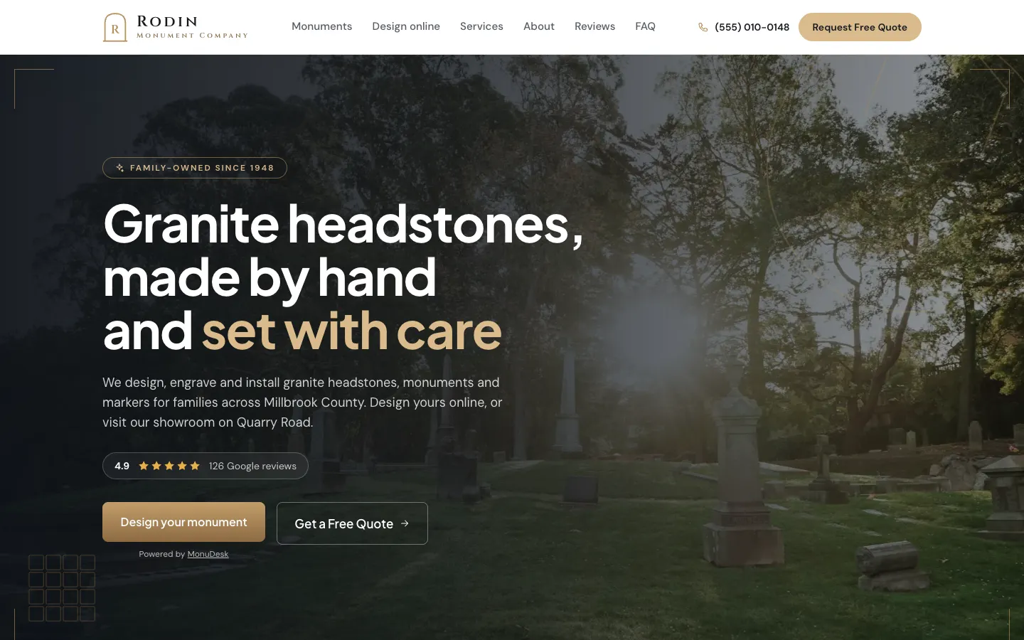 Rodin Monument Company demo website: 'Granite headstones, made by hand and set with care'.